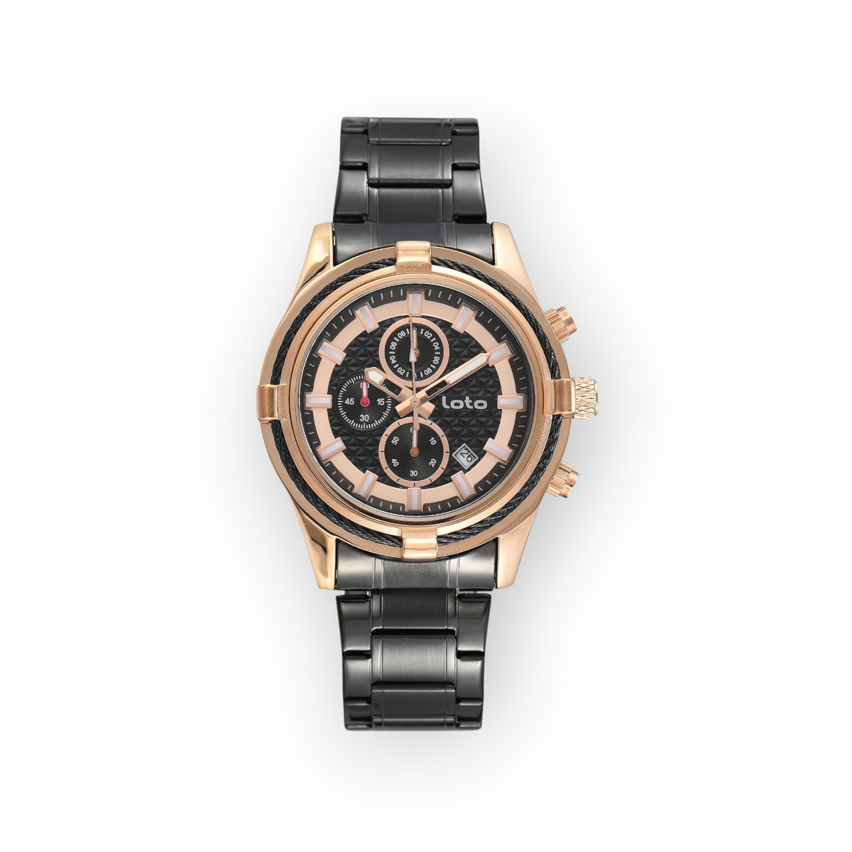 Reloj LOTO COMPANY Kalvex 2585 de acero inoxidable en tonos negro y oro rosa con esfera multifunción y bisel texturizado