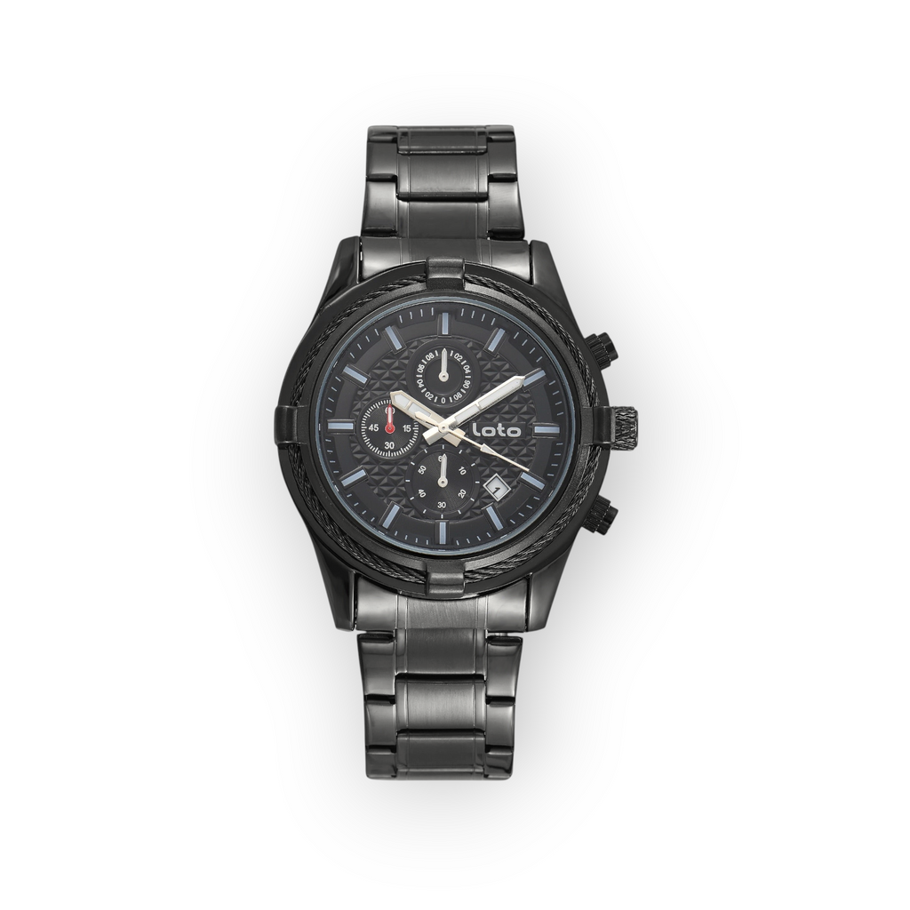 Reloj LOTO COMPANY Kalvex 2585 de acero inoxidable negro con esfera detallada, subesferas y bisel texturizado.