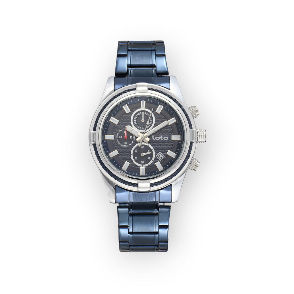 Reloj LOTO COMPANY Kalvex 2585 de acero inoxidable azul con esfera multifunción y bisel texturizado.
