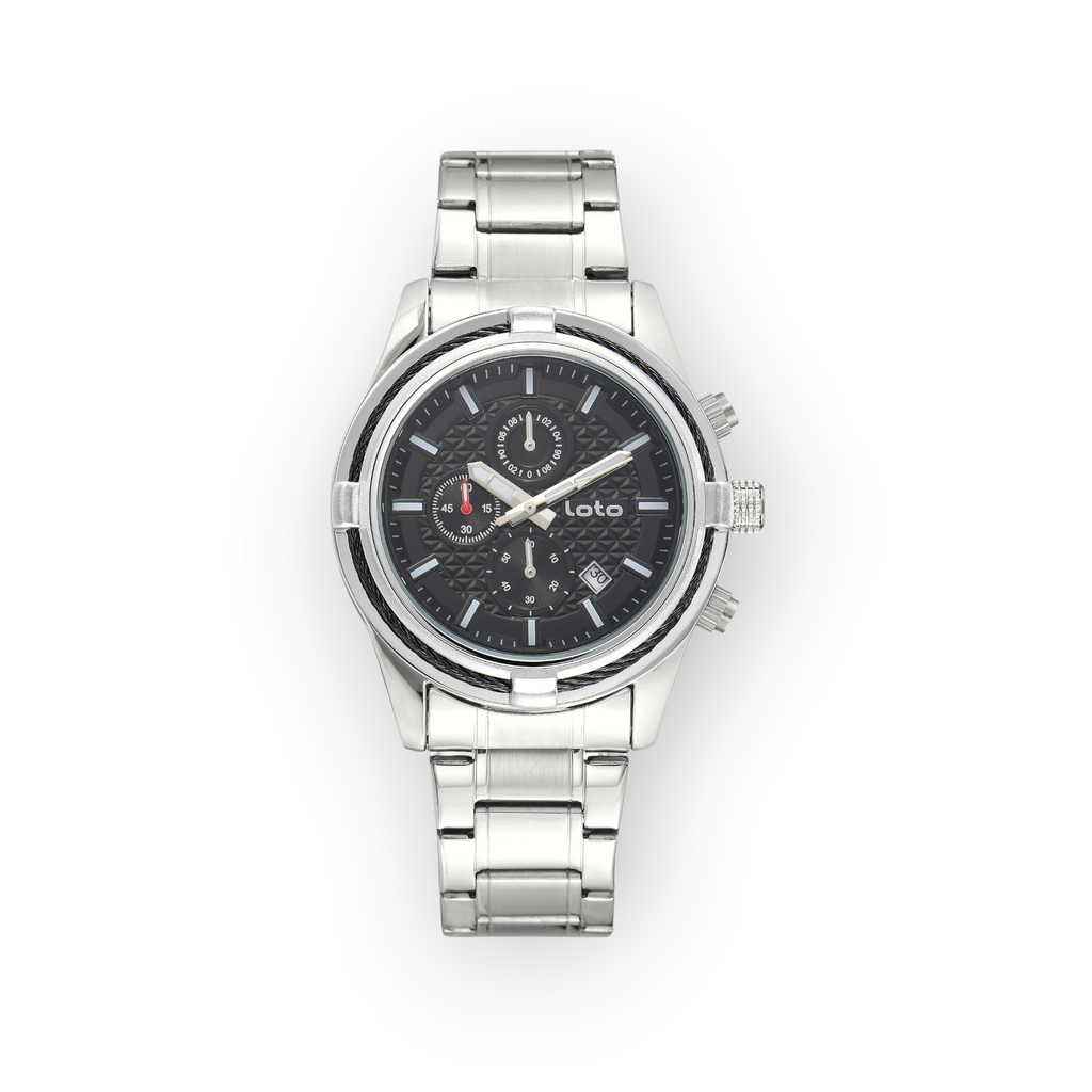 Reloj LOTO COMPANY Kalvex 2585 de acero inoxidable con esfera negra, subesferas funcionales y bisel texturizado.