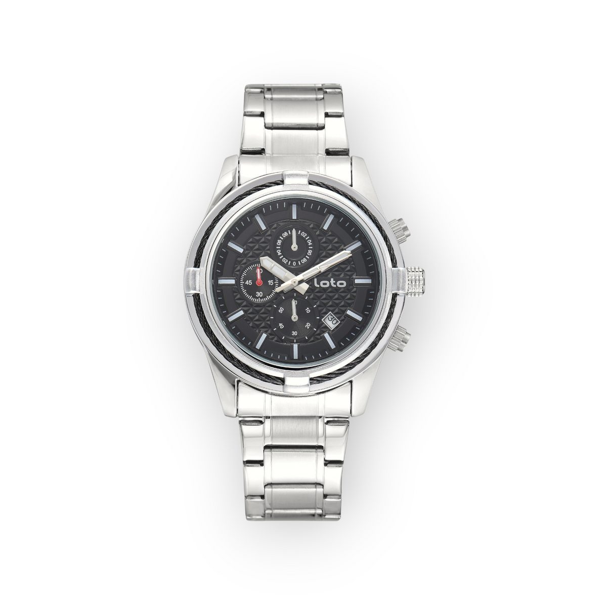 Reloj LOTO COMPANY Kalvex 2585 de acero inoxidable con esfera negra, subesferas funcionales y bisel texturizado.