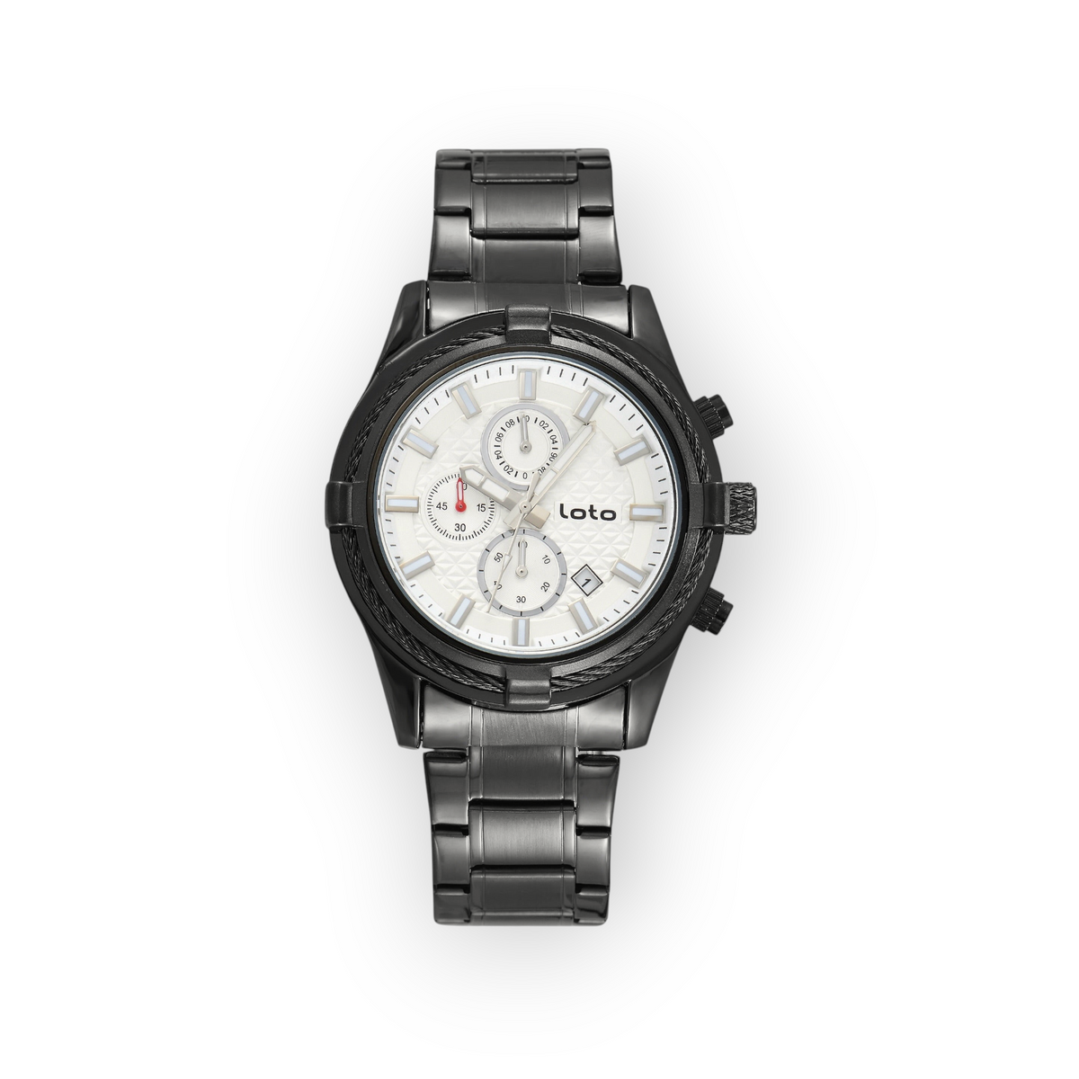 Reloj LOTO COMPANY Kalvex 2585 de acero inoxidable negro con esfera blanca, subesferas y bisel texturizado.