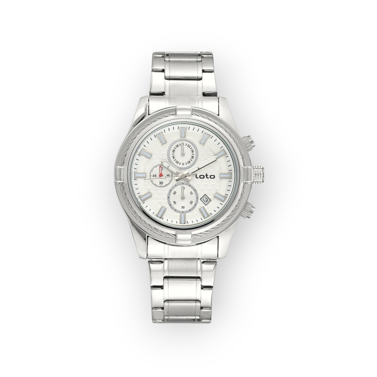 Reloj LOTO COMPANY Kalvex 2585 de acero inoxidable plateado con esfera blanca, subesferas y bisel texturizado