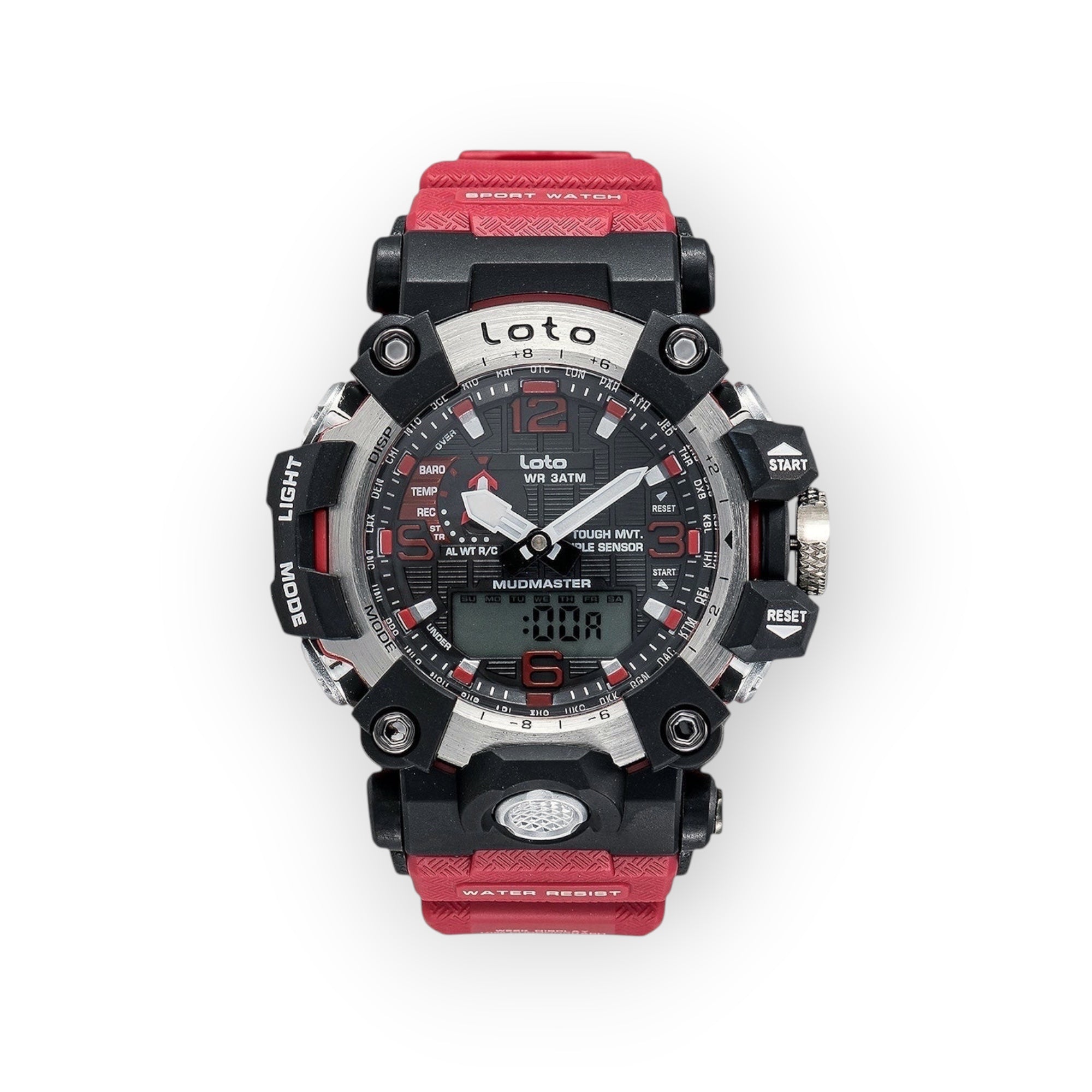 Reloj LOTO COMPANY MUDMASTER 2423 deportivo analógico-digital negro, plateado y rojo con correa de silicona. Funciones múltiples y resistencia al agua.