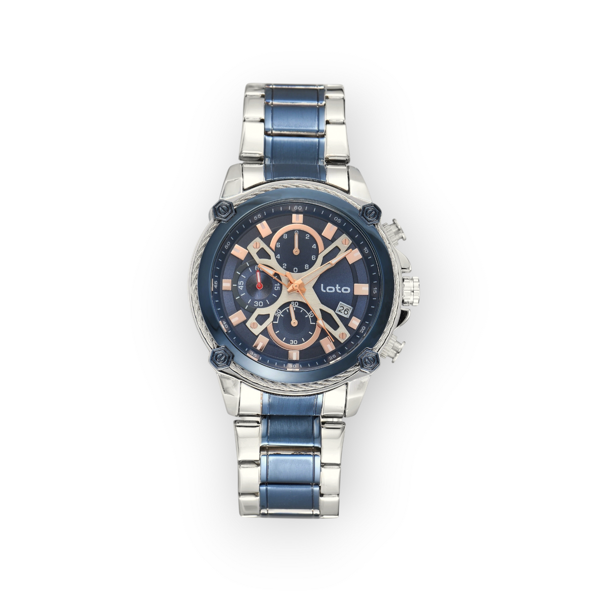 Reloj LOTO COMPANY ELZARO 2587 con correa de acero inoxidable bicolor azul y plateado y esfera cronógrafo detallada