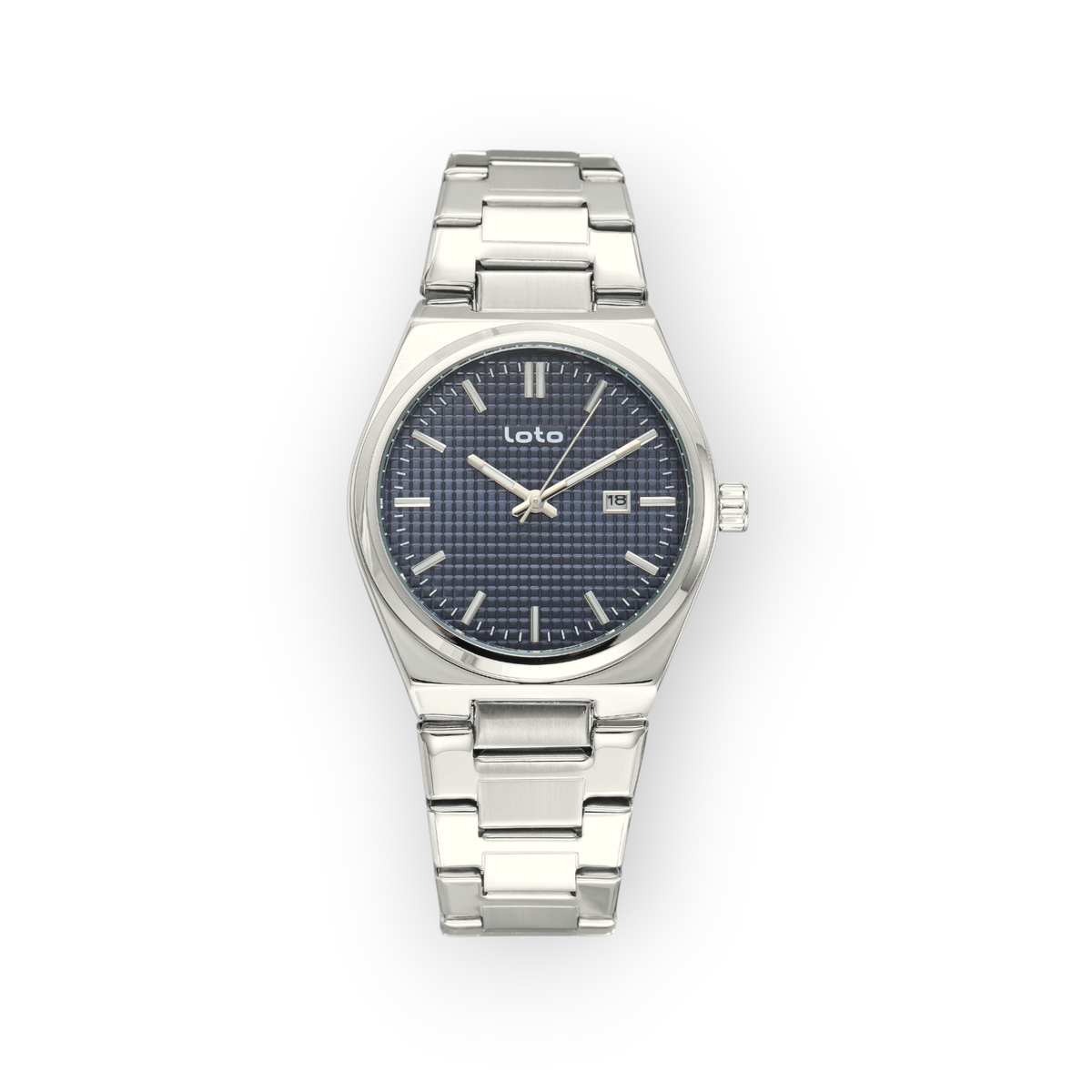 Reloj LOTO COMPANY modelo VORLIX 2589 con esfera azul texturizada, caja y correa de acero inoxidable plateado