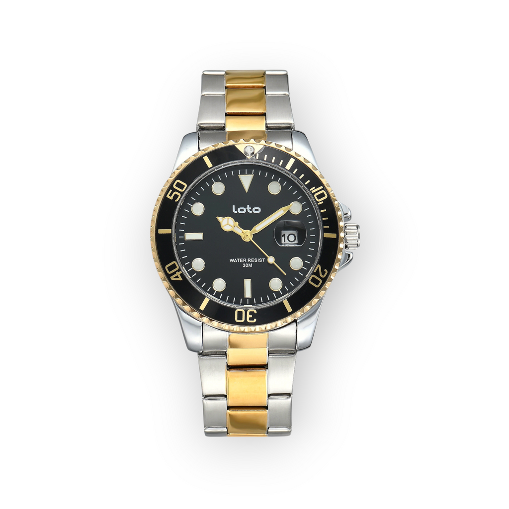 Reloj LOTO COMPANY Vayron 2526 de acero inoxidable bicolor con esfera negra, bisel giratorio y calendario.