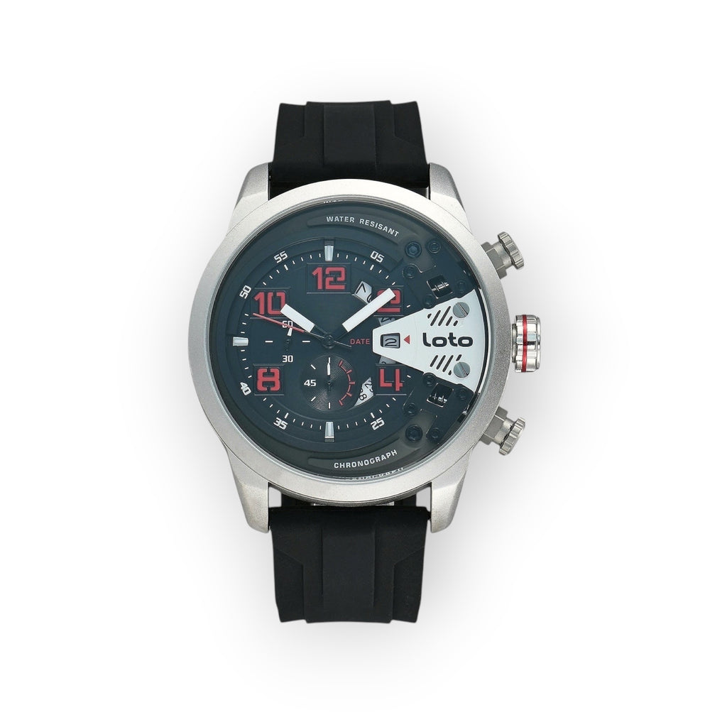 Reloj LOTO COMPANY de acero inoxidable con esfera azul oscuro, cronógrafo y correa de silicona negra.