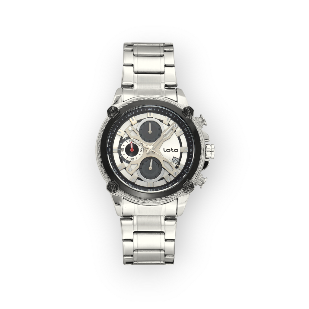 Reloj LOTO COMPANY Elzaro 2587 de acero inoxidable plateado con esfera cronógrafo y detalles en negro