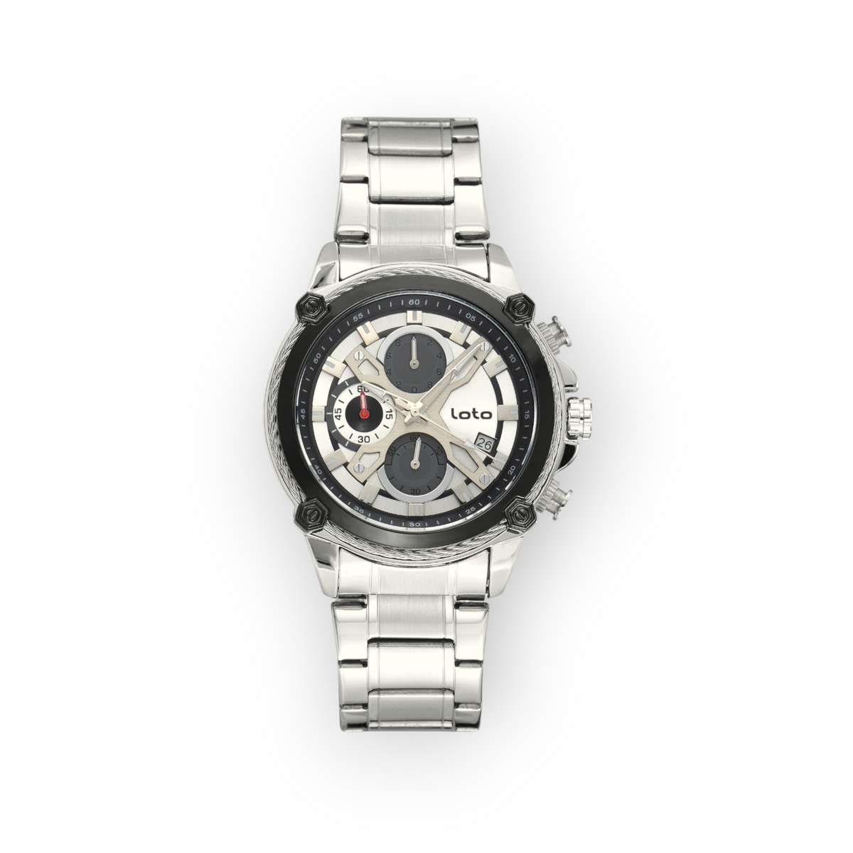 Reloj LOTO COMPANY Elzaro 2587 de acero inoxidable plateado con esfera cronógrafo y detalles en negro