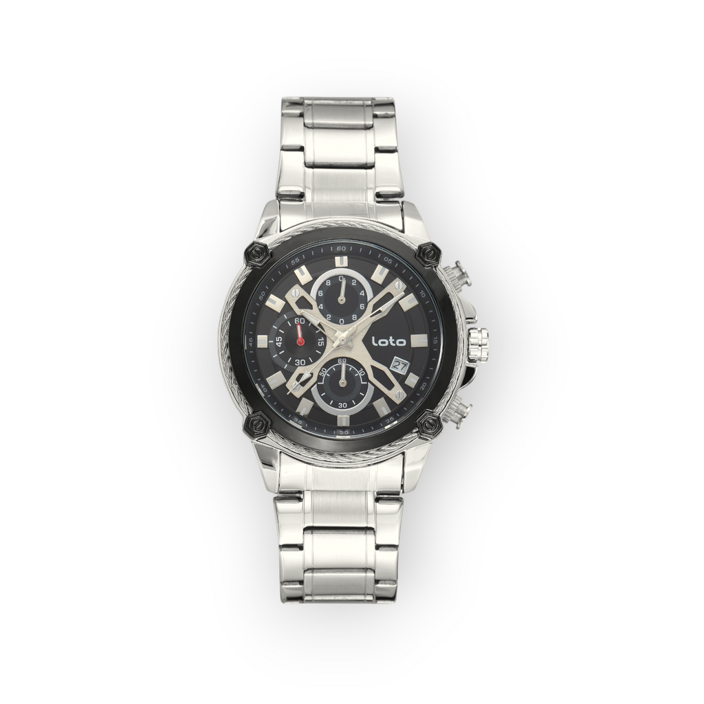 Reloj cronógrafo LOTO COMPANY Elzaro 2587 con correa de acero inoxidable plateado y esfera negra detallada
