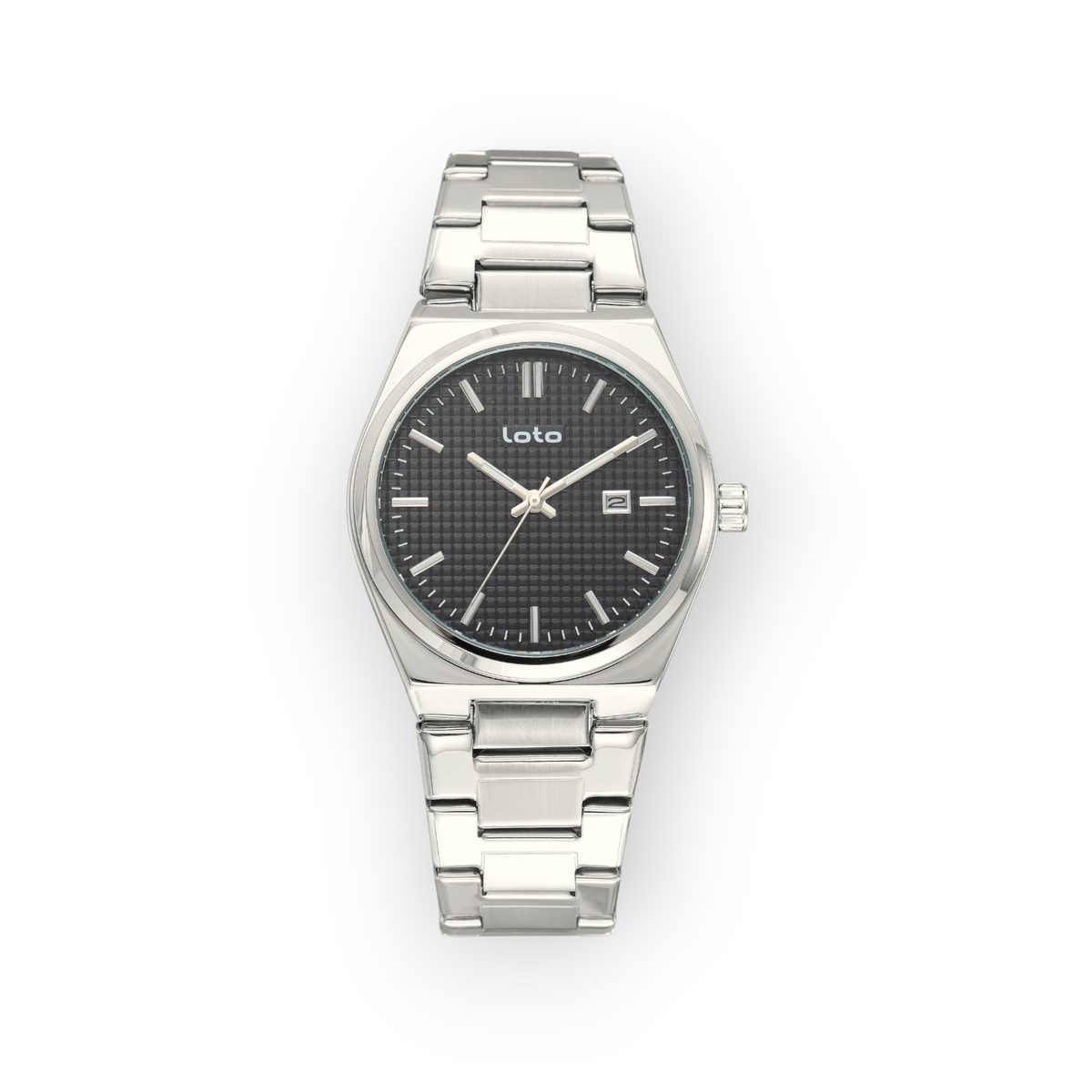 Reloj LOTO COMPANY modelo 2589 con esfera negra texturizada, caja y correa de acero inoxidable plateado