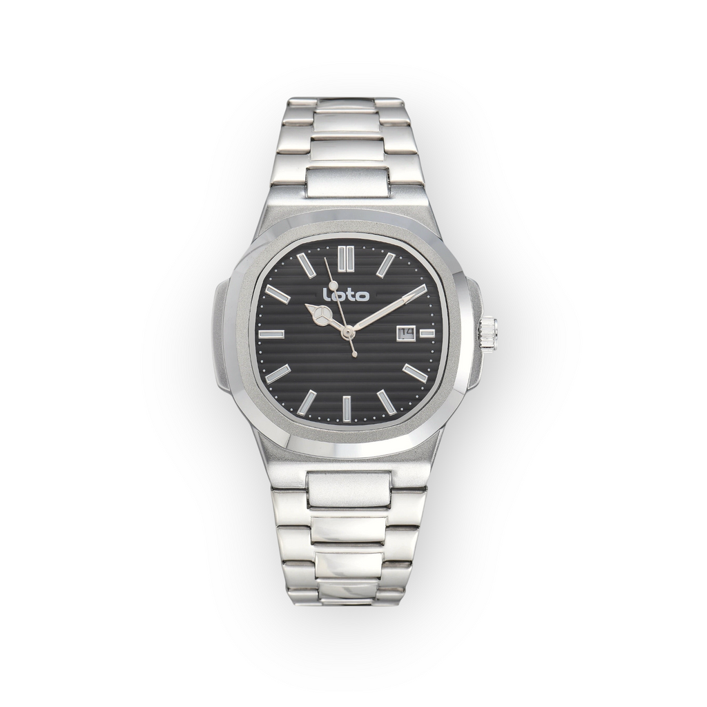 Reloj LOTO COMPANY Kelvoran 2605 con esfera negra, caja y correa de acero inoxidable plateado y ventana de fecha.