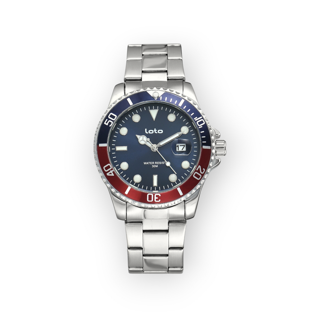 Reloj LOTO COMPANY Vayron 2526 de acero inoxidable con esfera azul y bisel giratorio bicolor rojo y azul