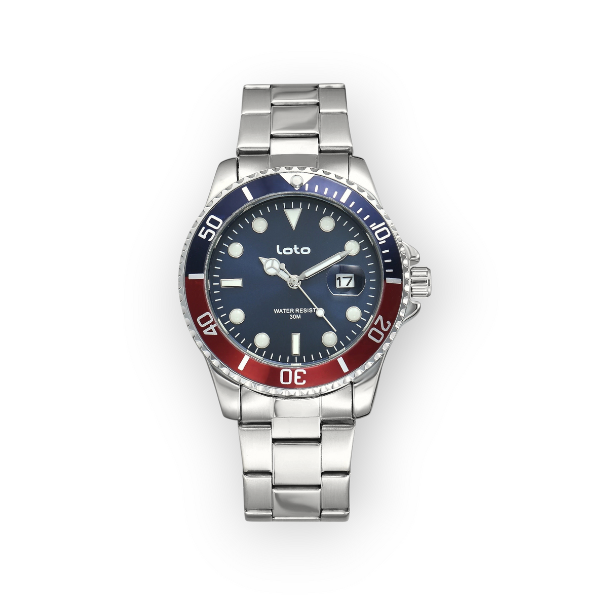 Reloj LOTO COMPANY Vayron 2526 de acero inoxidable con esfera azul y bisel giratorio bicolor rojo y azul