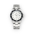 Reloj LOTO COMPANY Vayron 2526 de acero inoxidable con esfera blanca, bisel negro y calendario, estilo deportivo.