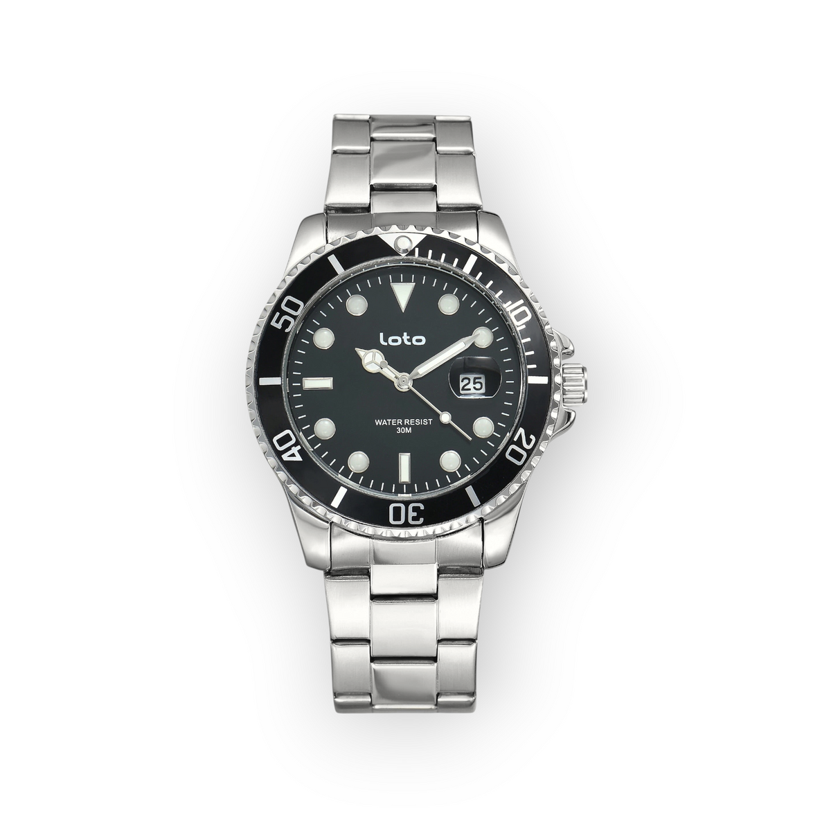 Reloj LOTO COMPANY Vayron 2526 de acero inoxidable con esfera negra, bisel giratorio y ventana de calendario.