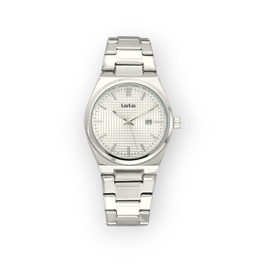 Reloj LOTO COMPANY Vorlix 2589 de acero inoxidable plateado con esfera texturizada y ventana de fecha