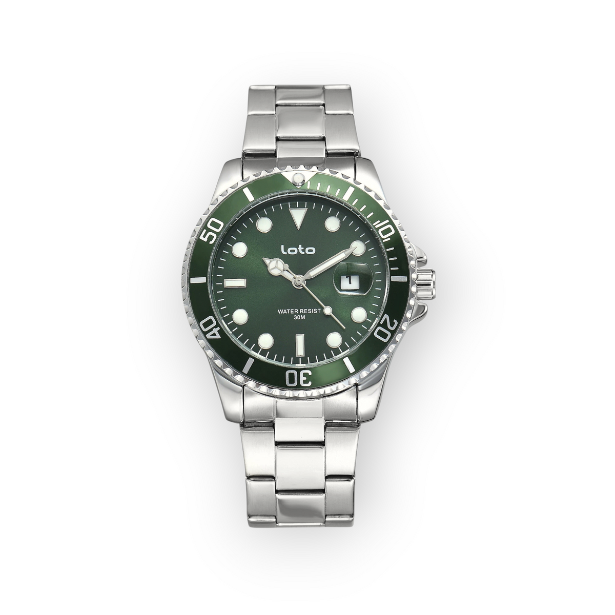 Reloj LOTO COMPANY Vayron 2526 de acero inoxidable con esfera y bisel verde estilo buceo e índices luminiscentes.