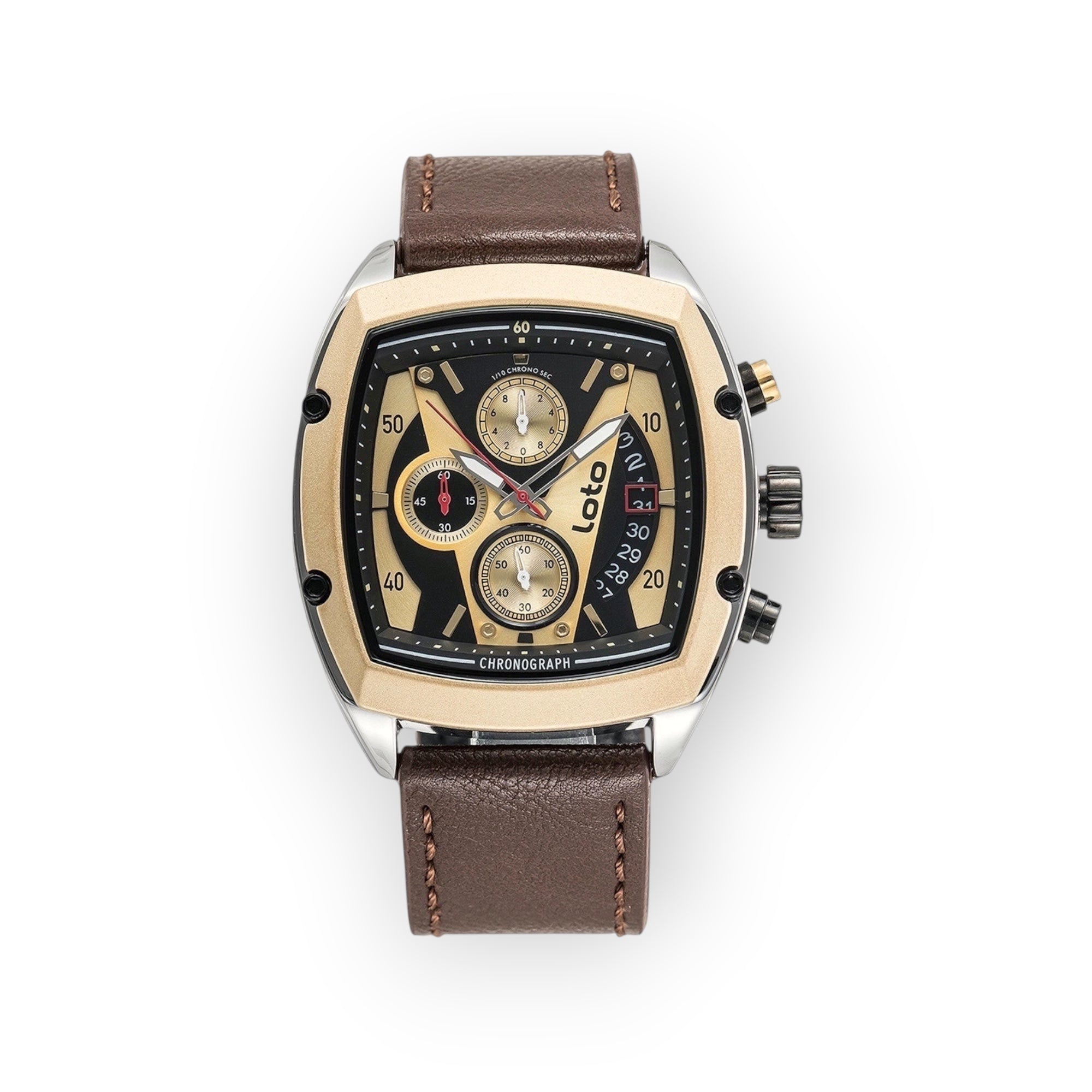 Reloj LOTO COMPANY APEX 2529 cronógrafo de cuarzo con correa de cuero marrón y esfera dorada y negra.