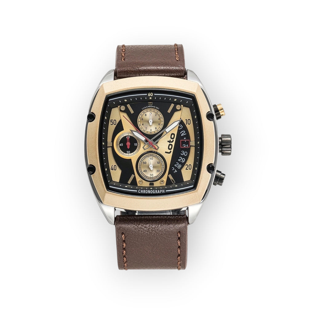 Reloj LOTO COMPANY APEX 2529 cronógrafo de cuarzo con correa de cuero marrón y esfera dorada y negra.