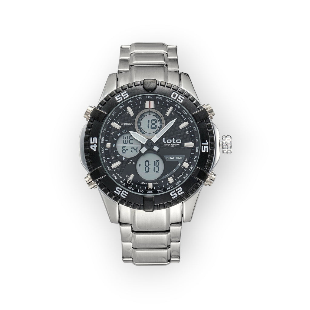Reloj LOTO COMPANY AQUA / 2422 analógico-digital multifunción con caja y correa de acero inoxidable plateado y bisel negro.