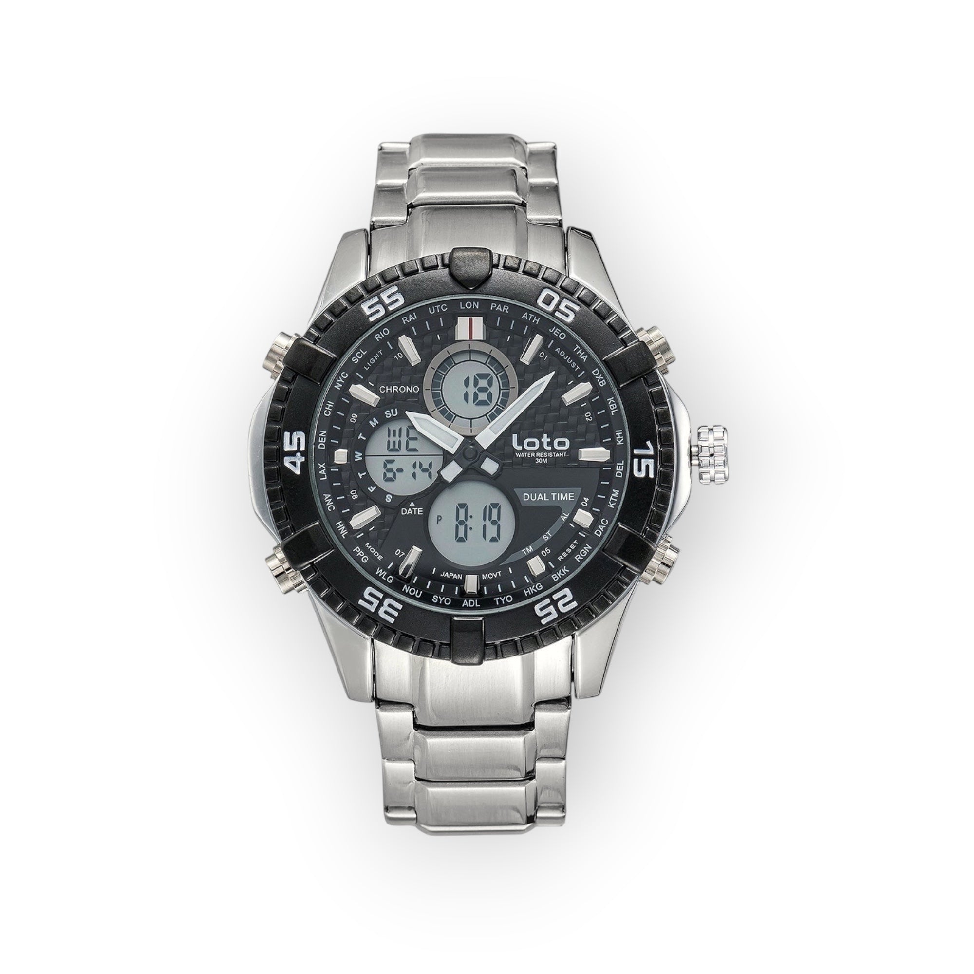 Reloj LOTO COMPANY AQUA / 2422 analógico-digital multifunción con caja y correa de acero inoxidable plateado y bisel negro.
