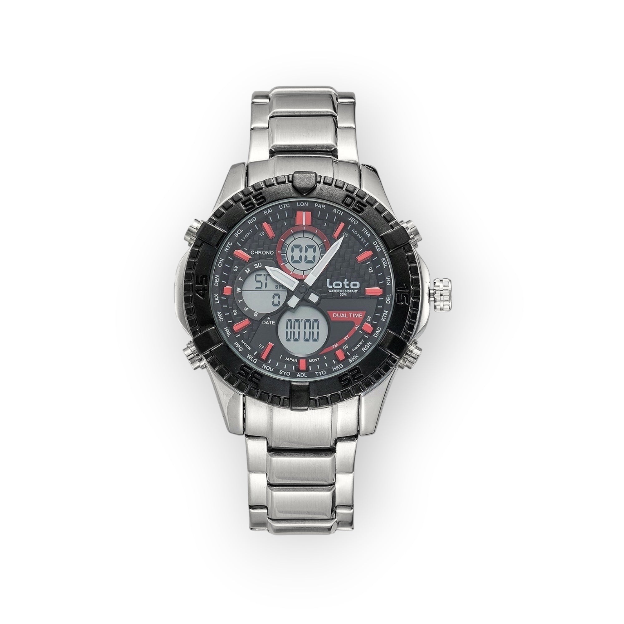 Reloj LOTO COMPANY AQUA / 2422 plateado de acero inoxidable con esfera multifuncional y bisel giratorio.
