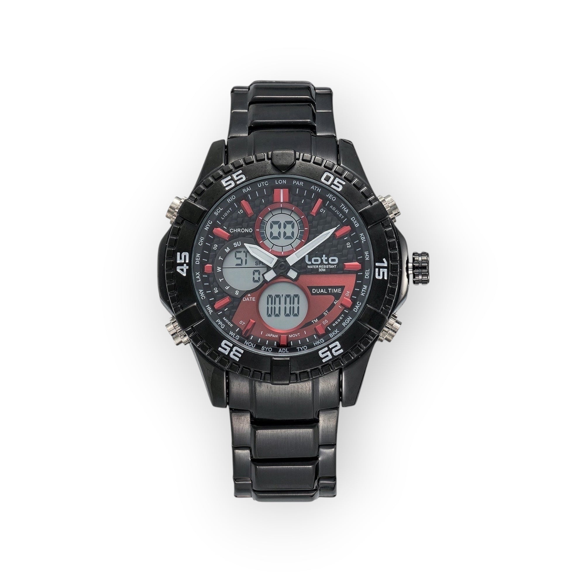 Reloj LOTO COMPANY AQUA / 2422 negro multifunción con esfera analógica y digital, bisel giratorio y correa de acero inoxidable.