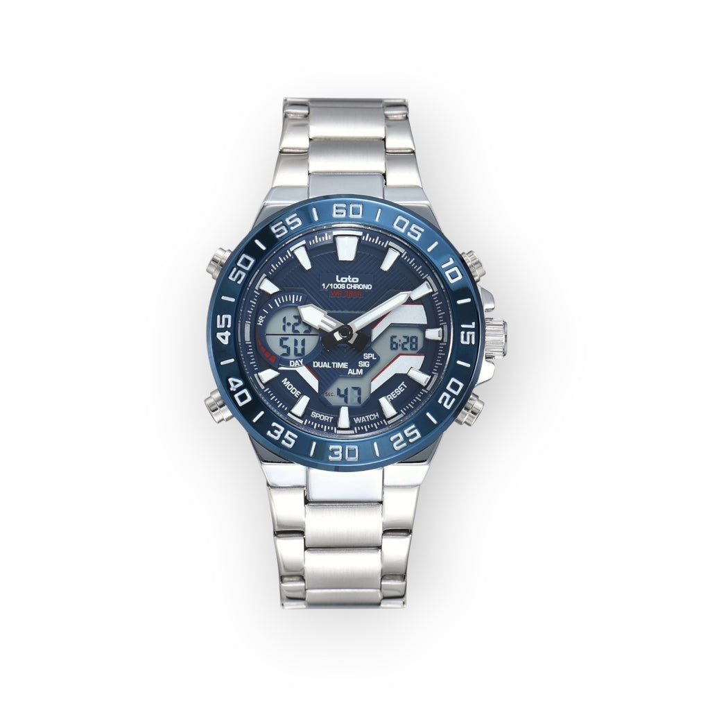 Reloj LOTO COMPANY ATLAS / 2579 analógico-digital con esfera azul, detalles plateados y correa de acero inoxidable.
