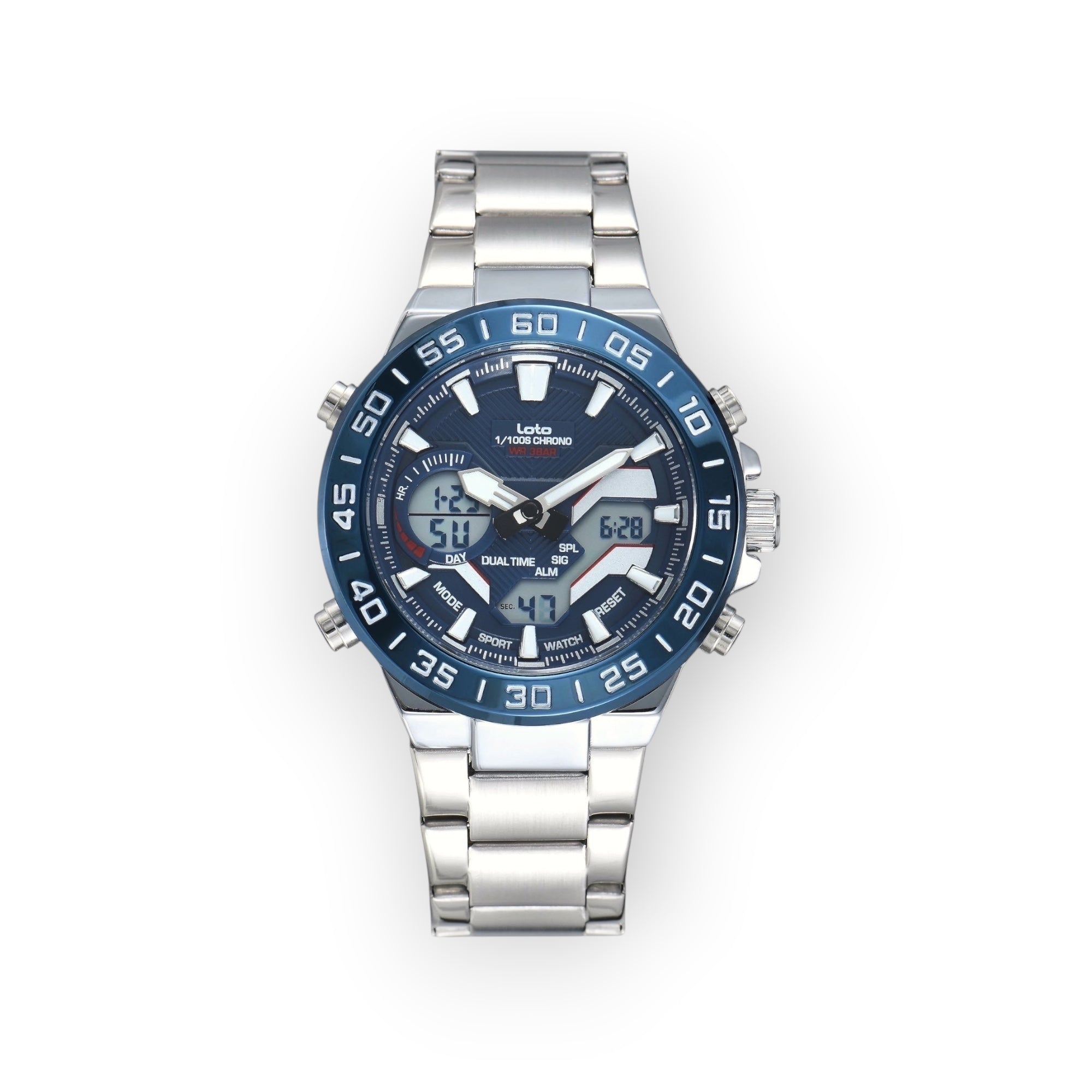 Reloj LOTO COMPANY ATLAS / 2579 analógico-digital con esfera azul, detalles plateados y correa de acero inoxidable.