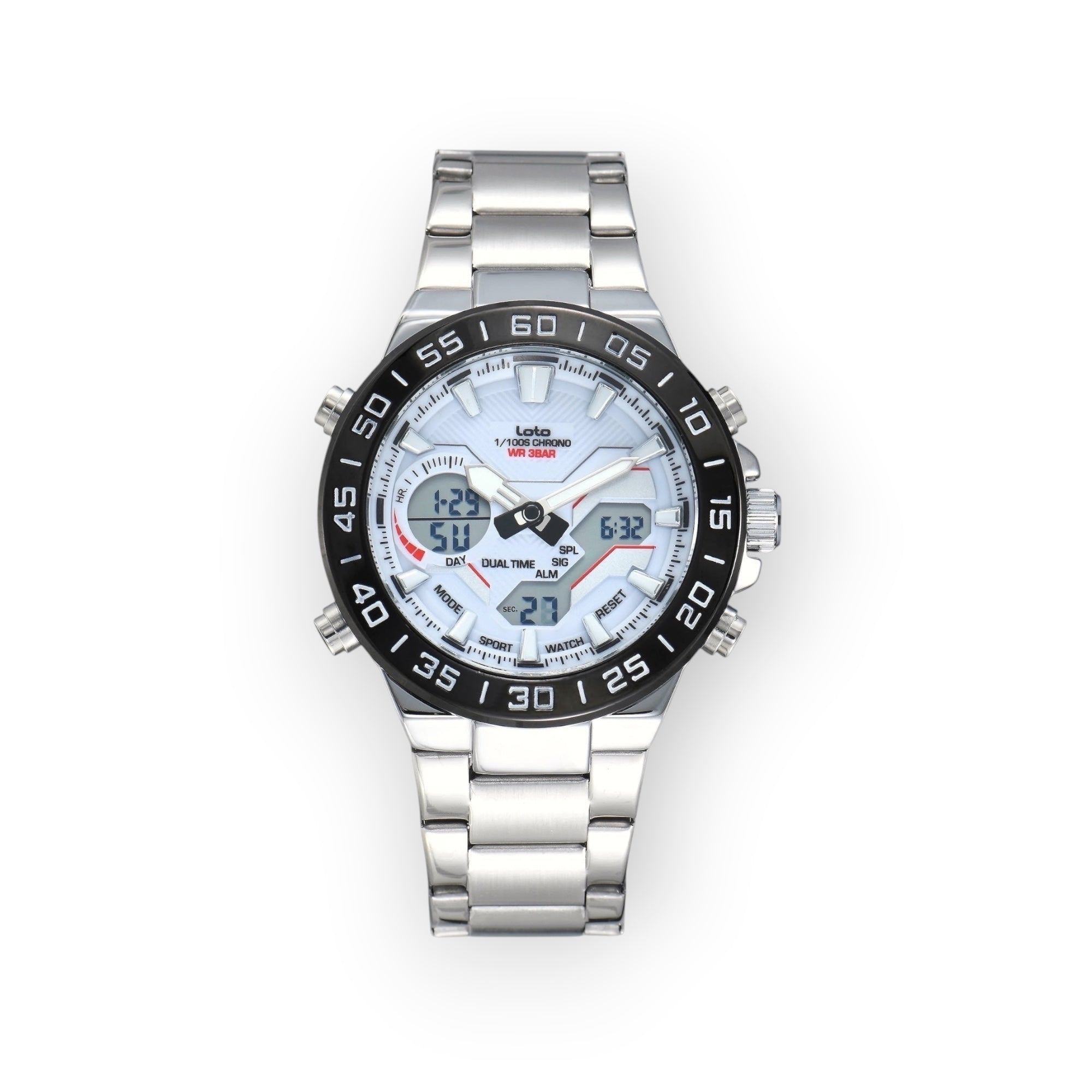 Reloj LOTO COMPANY ATLAS / 2579 analógico-digital de acero inoxidable con esfera blanca y bisel negro. Funciones de cronógrafo y fecha.