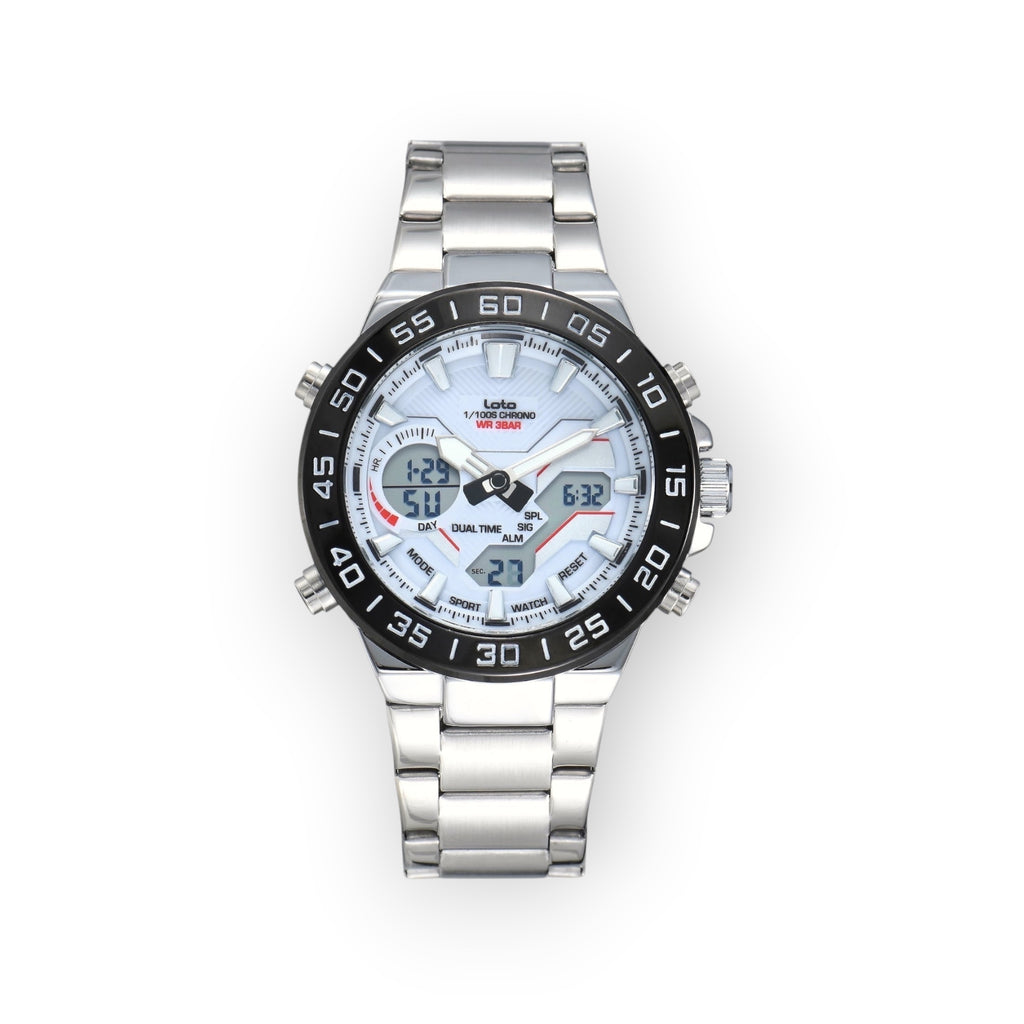 Reloj LOTO COMPANY ATLAS / 2579 analógico-digital de acero inoxidable con esfera blanca y bisel negro. Funciones de cronógrafo y fecha.