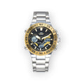 Reloj LOTO COMPANY ATLAS / 2579 analógico-digital con caja y correa de acero inoxidable, bisel dorado y esfera negra con detalles dorados.