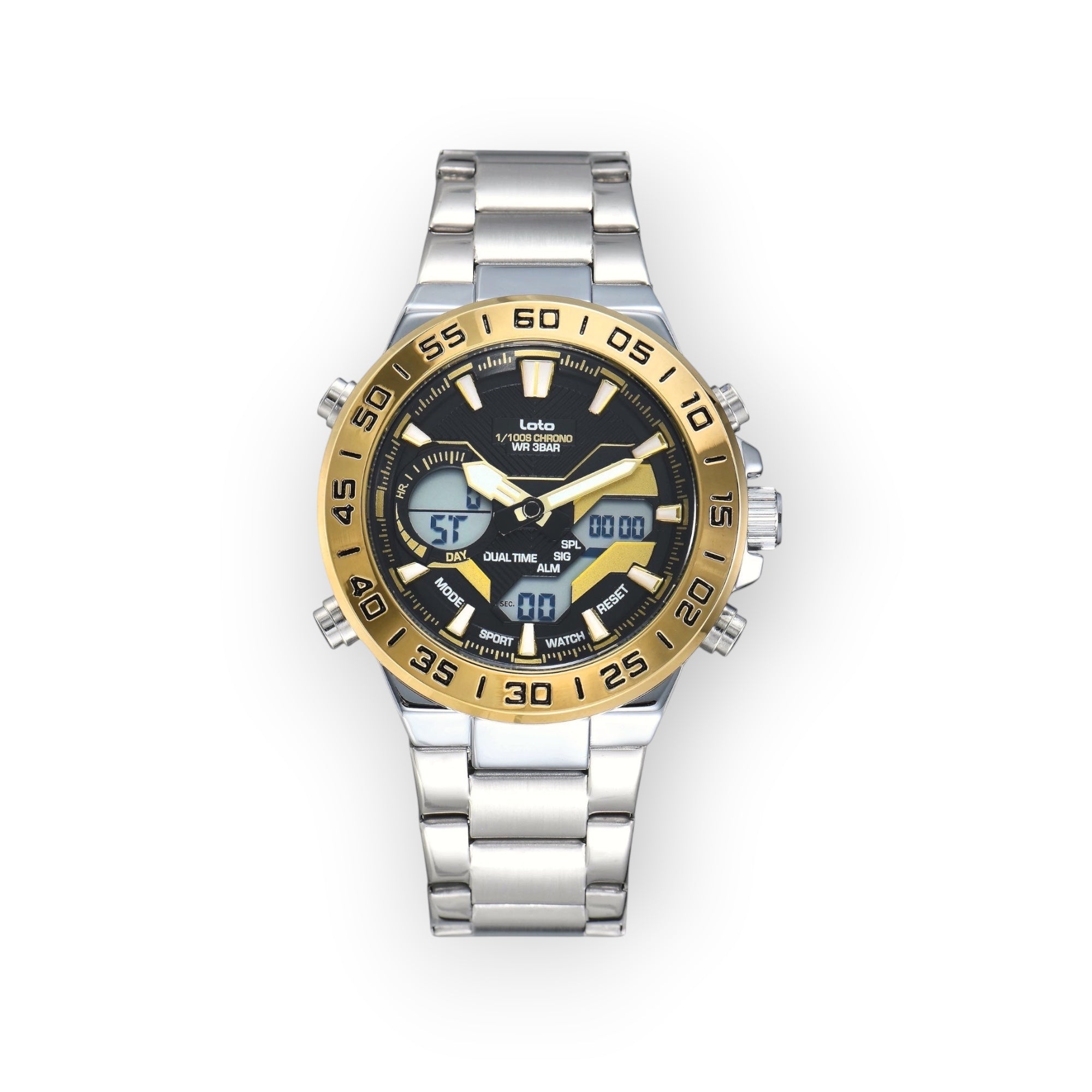 Reloj LOTO COMPANY ATLAS / 2579 analógico-digital con caja y correa de acero inoxidable, bisel dorado y esfera negra con detalles dorados.