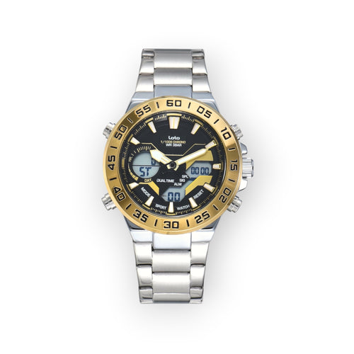 Reloj LOTO COMPANY ATLAS / 2579 analógico-digital con caja y correa de acero inoxidable, bisel dorado y esfera negra con detalles dorados.