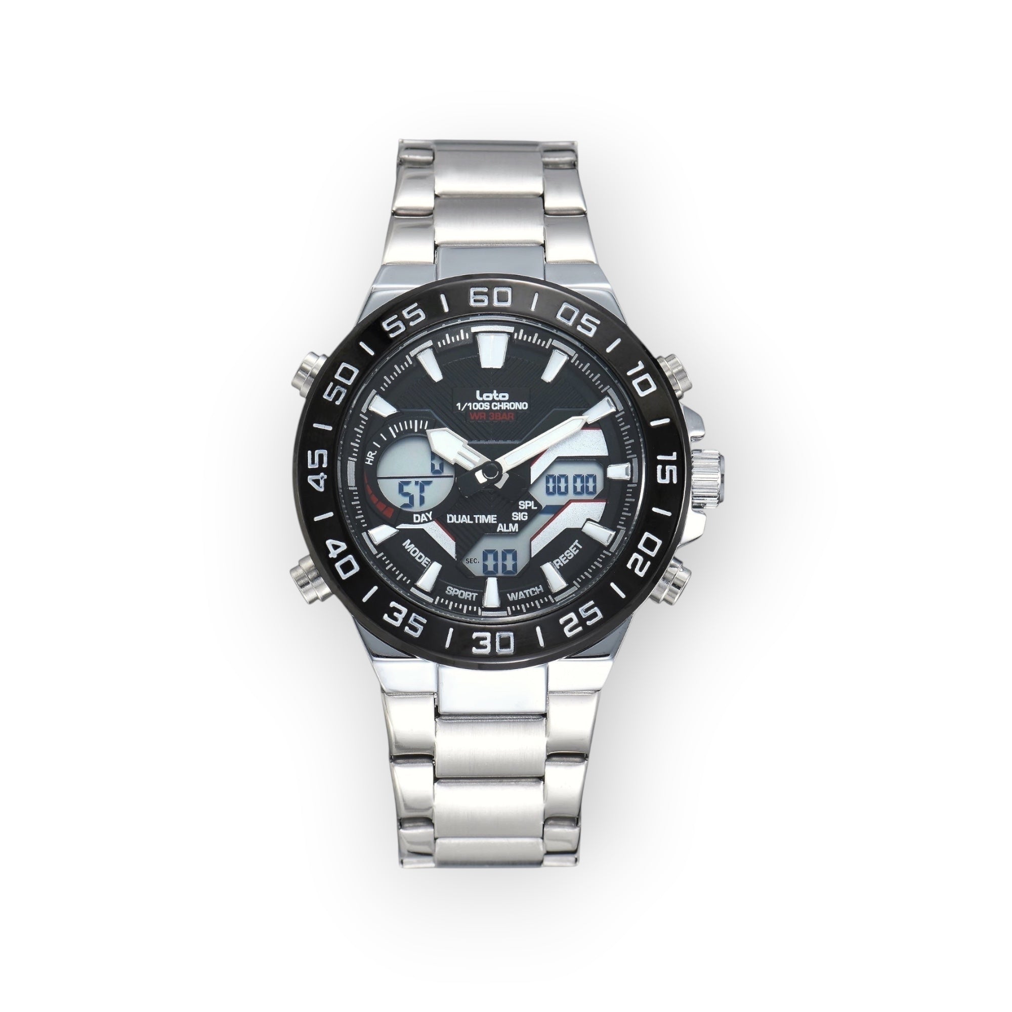 Reloj LOTO COMPANY ATLAS / 2579 analógico-digital de acero inoxidable con esfera negra y bisel giratorio.