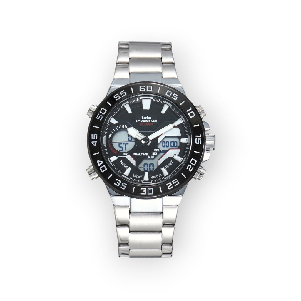 Reloj LOTO COMPANY ATLAS / 2579 analógico-digital de acero inoxidable con esfera negra y bisel giratorio.