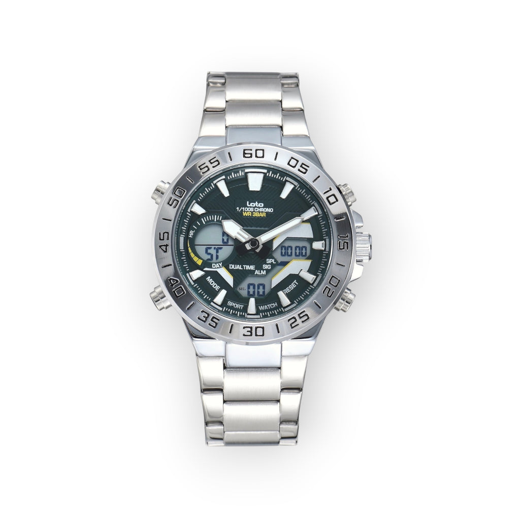 Reloj LOTO COMPANY ATLAS / 2579 de acero inoxidable con esfera verde, analógico-digital, cronógrafo y bisel giratorio.