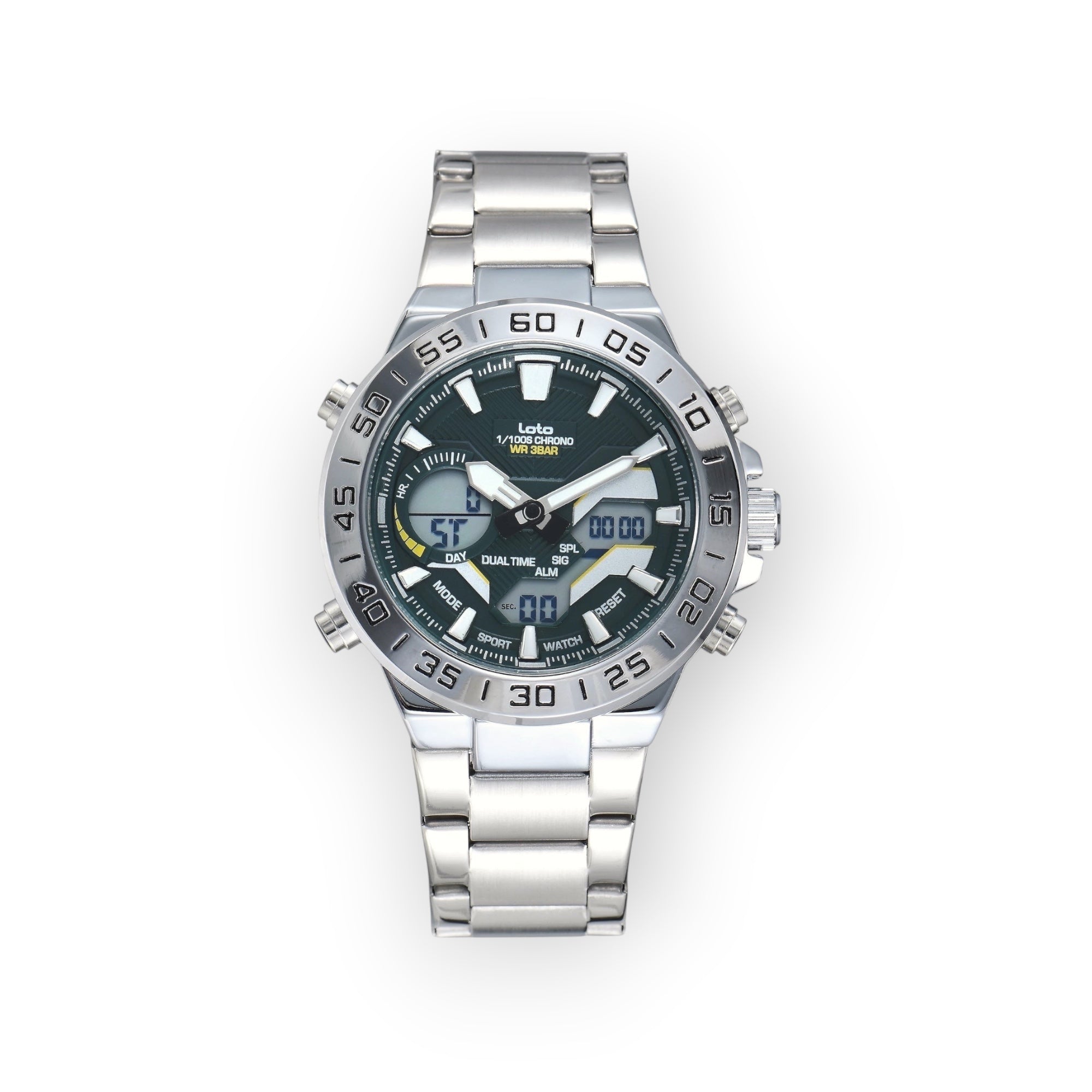 Reloj LOTO COMPANY ATLAS / 2579 de acero inoxidable con esfera verde, analógico-digital, cronógrafo y bisel giratorio.