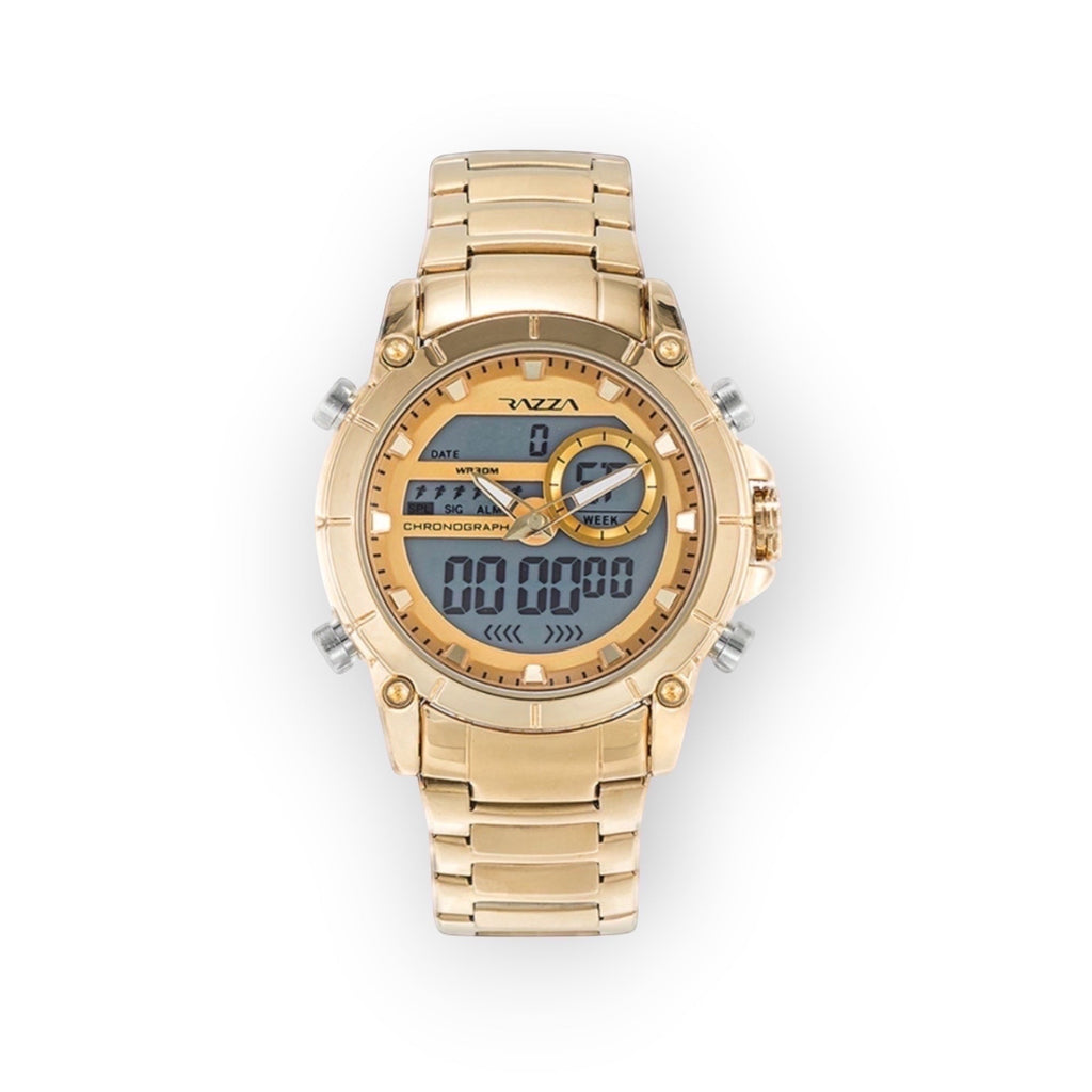 Reloj cronógrafo híbrido LOTO COMPANY AURIX 31079 en acero inoxidable dorado con pantalla digital y analógica.