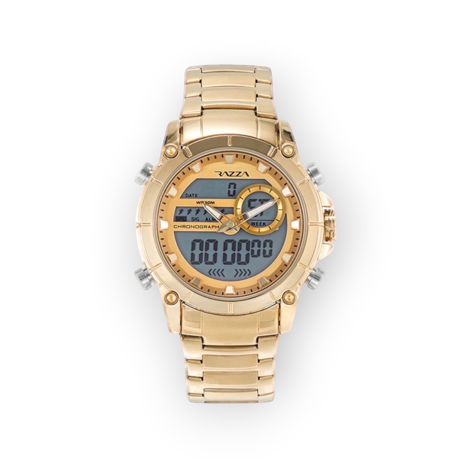 Reloj cronógrafo híbrido LOTO COMPANY AURIX 31079 en acero inoxidable dorado con pantalla digital y analógica.