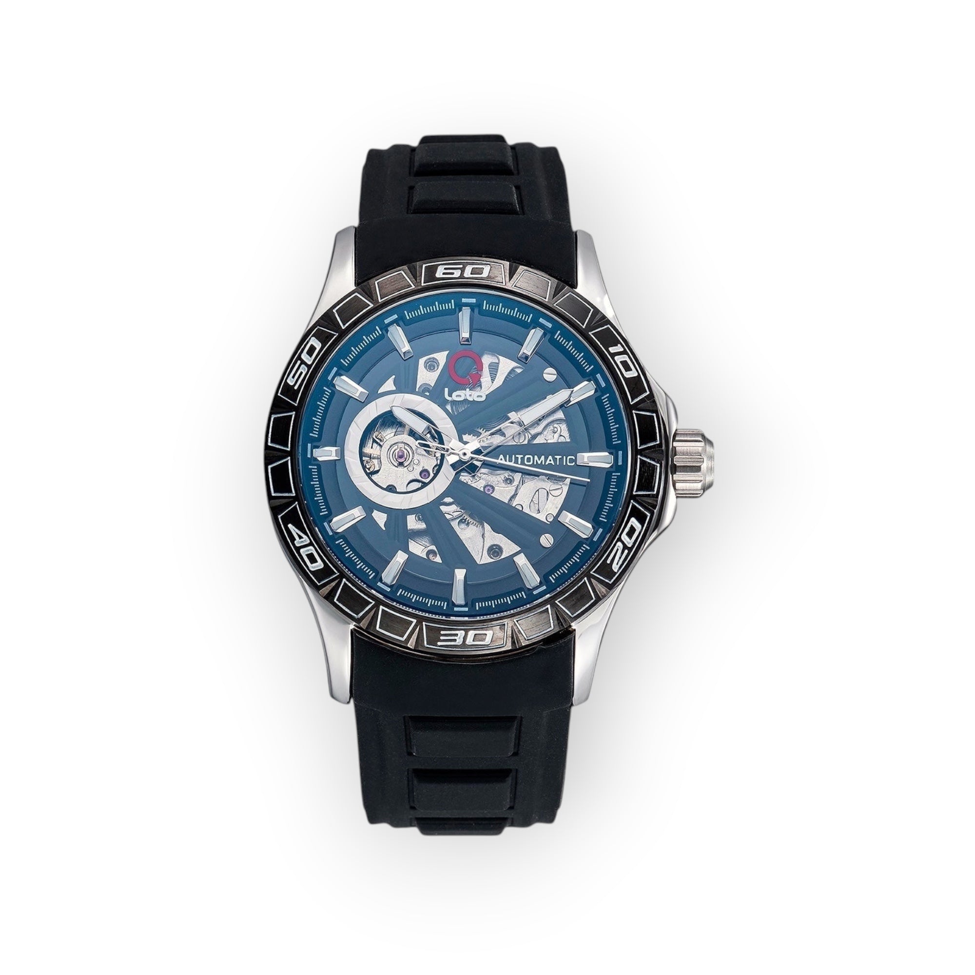 Reloj LOTO COMPANY AUTOMATIC 2500 con esfera esqueletizada azul, bisel deportivo y correa de silicona negra.