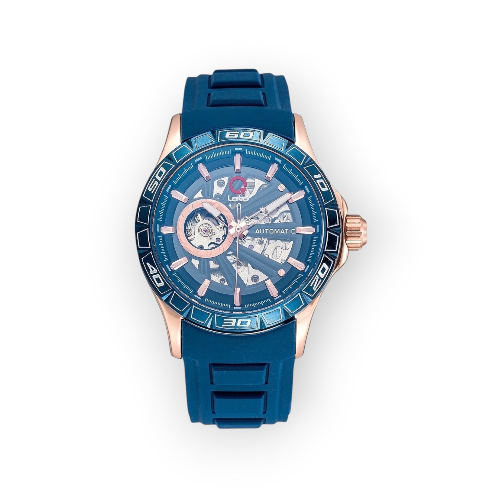 Reloj LOTO COMPANY AUTOMATIC / 2500 con esfera esqueletizada, correa de silicona azul y detalles en tono oro rosa.