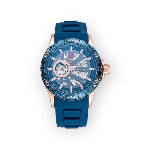 Reloj LOTO COMPANY AUTOMATIC / 2500 con esfera esqueletizada, correa de silicona azul y detalles en tono oro rosa.