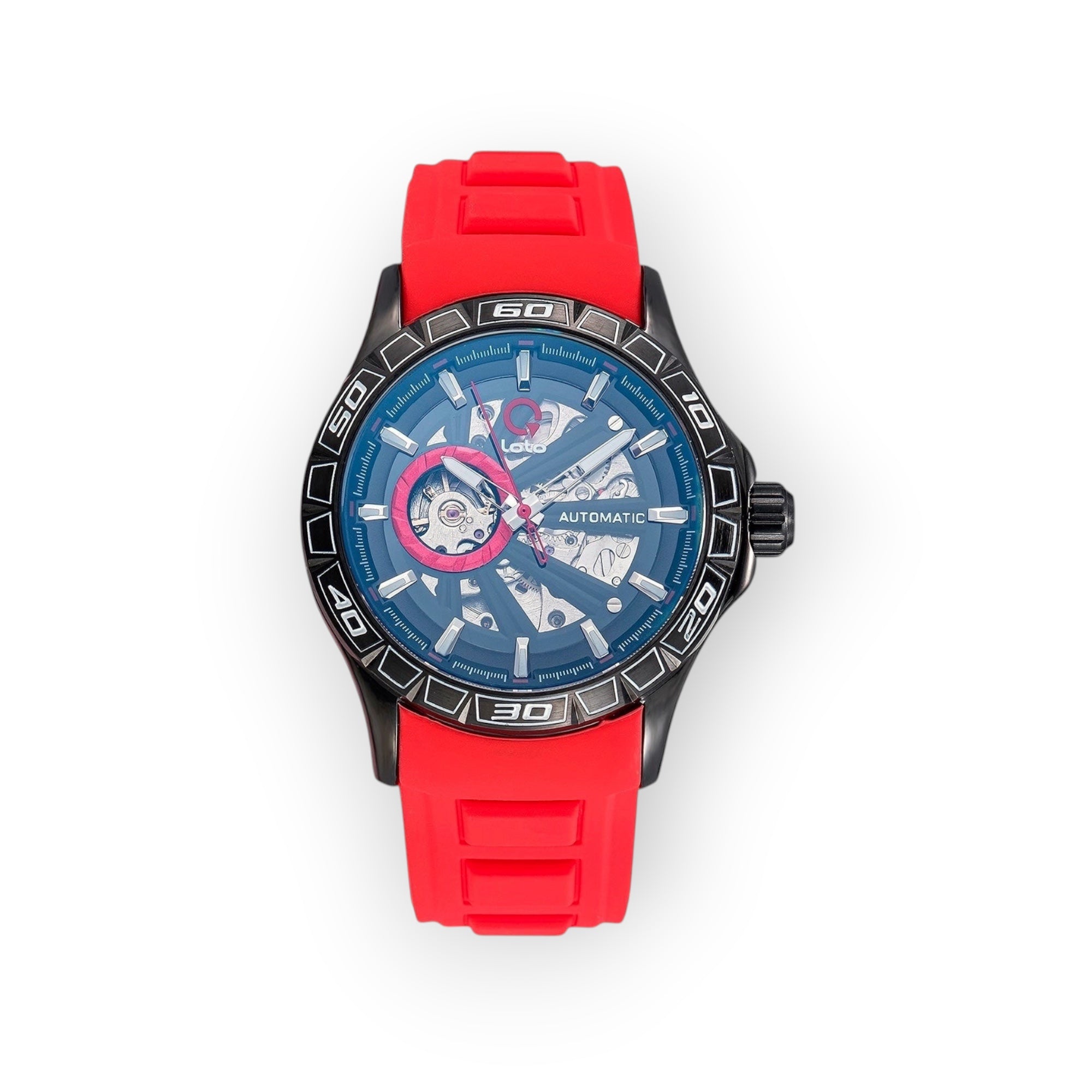 Reloj LOTO COMPANY AUTOMATIC 2500 con esfera esqueletizada, caja negra y correa de silicona roja deportiva.