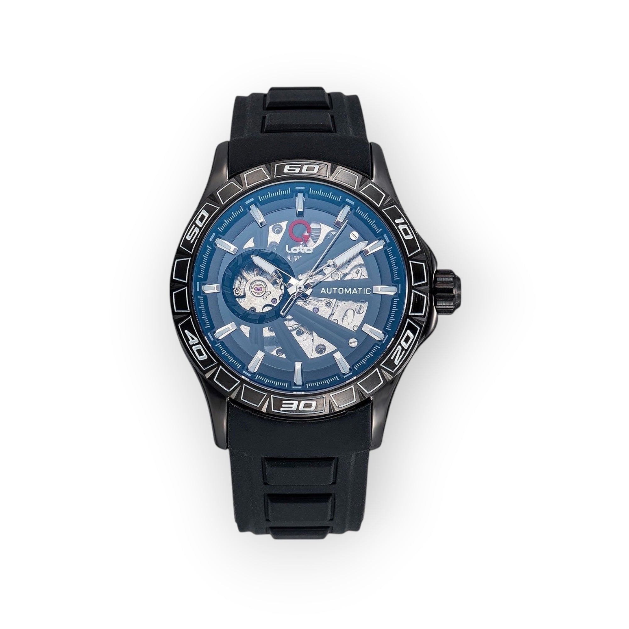 Reloj deportivo LOTO COMPANY AUTOMATIC / 2500 con esfera esqueletizada, caja negra y correa de silicona resistente.