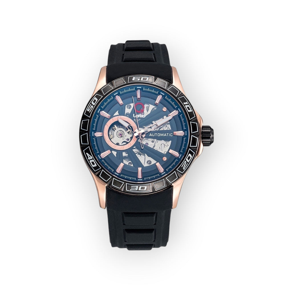 Reloj LOTO COMPANY AUTOMATIC 2500 con esfera esqueletizada, caja en tono oro rosa y correa de silicona negra deportiva.