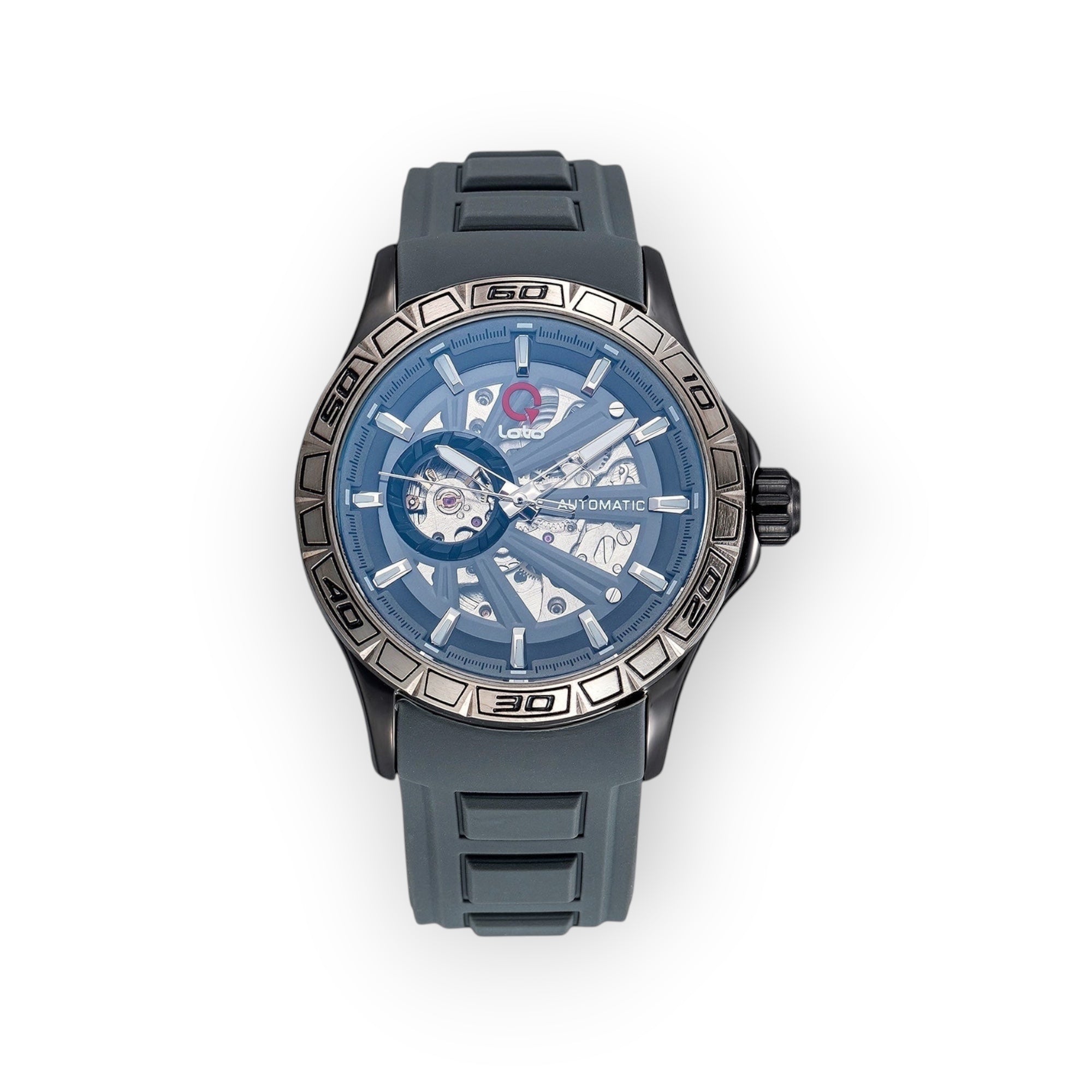 Reloj LOTO COMPANY AUTOMATIC / 2500 con esfera esqueletizada, correa de silicona gris y diseño deportivo robusto.