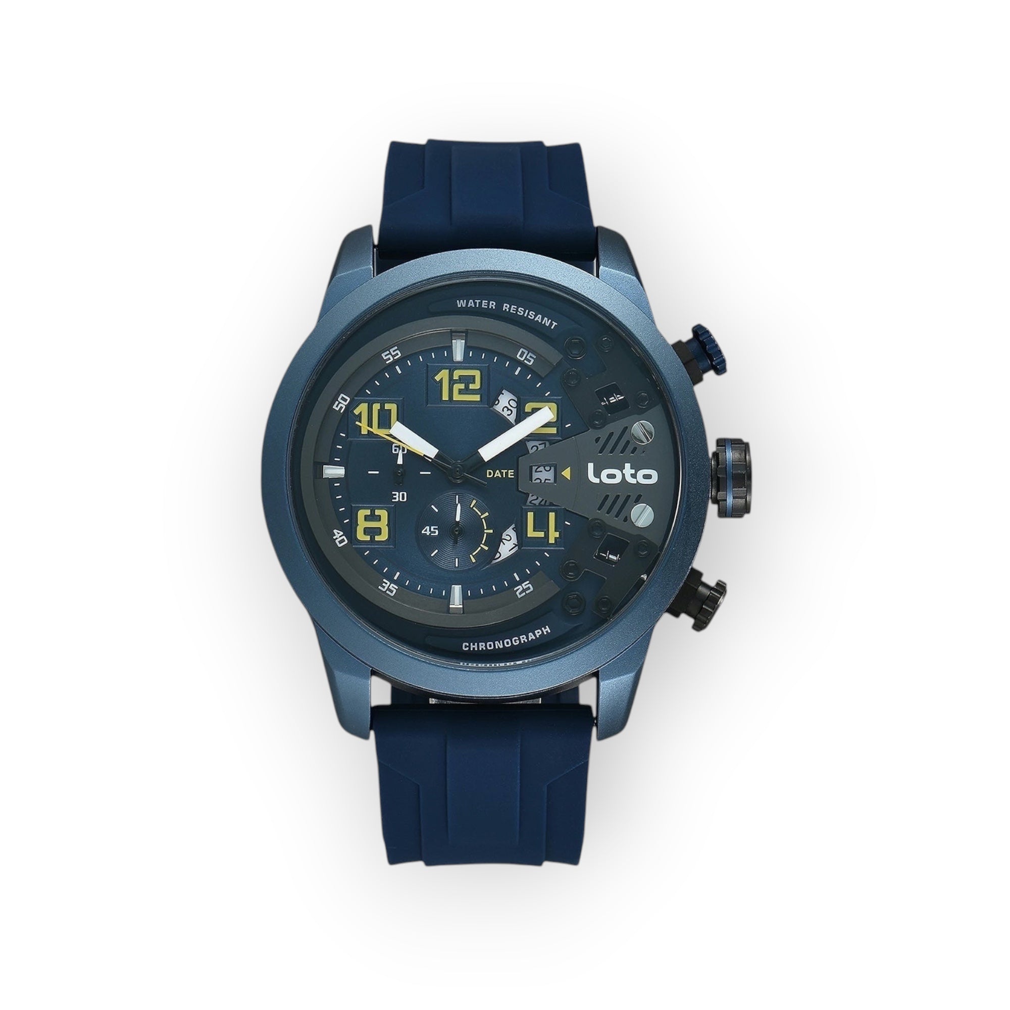 Reloj LOTO COMPANY de hombre con correa de silicona azul y esfera azul oscuro con detalles dorados y cronógrafo.